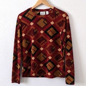 Chico's Semi-Sheer Metallic Patterned Long Sleeve Top, Red / Tan / Black